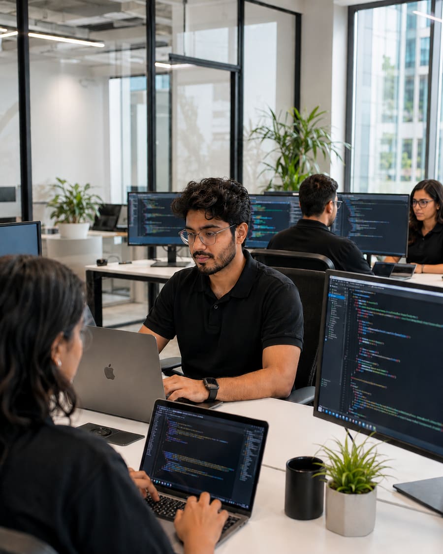Developers pair-programming at their workstations