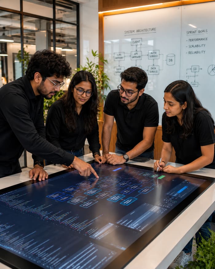 Team reviewing a system architecture diagram on a touch table