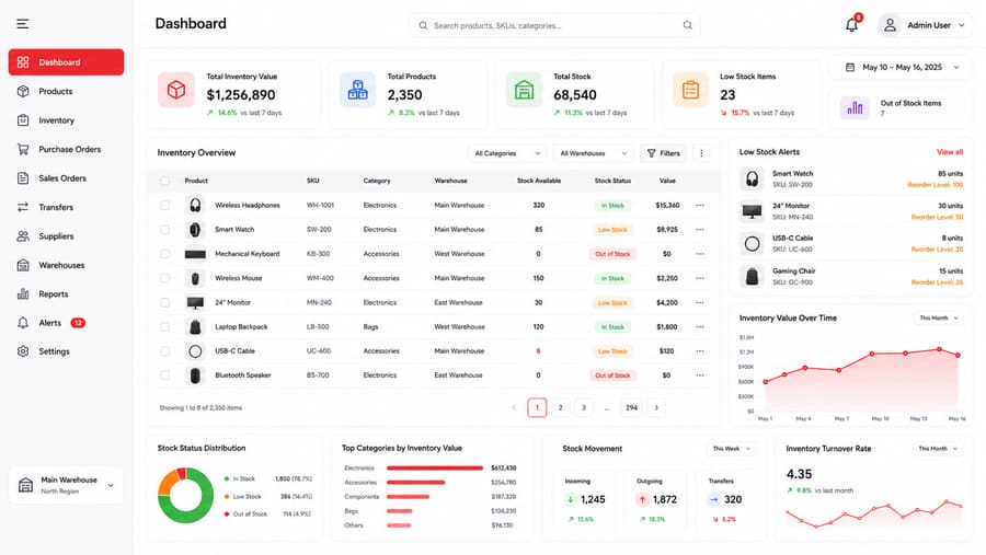 Inventory dashboard listing stock levels, SKUs, and low-stock alerts