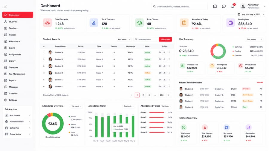 School ERP dashboard with student records, attendance, and fee summary